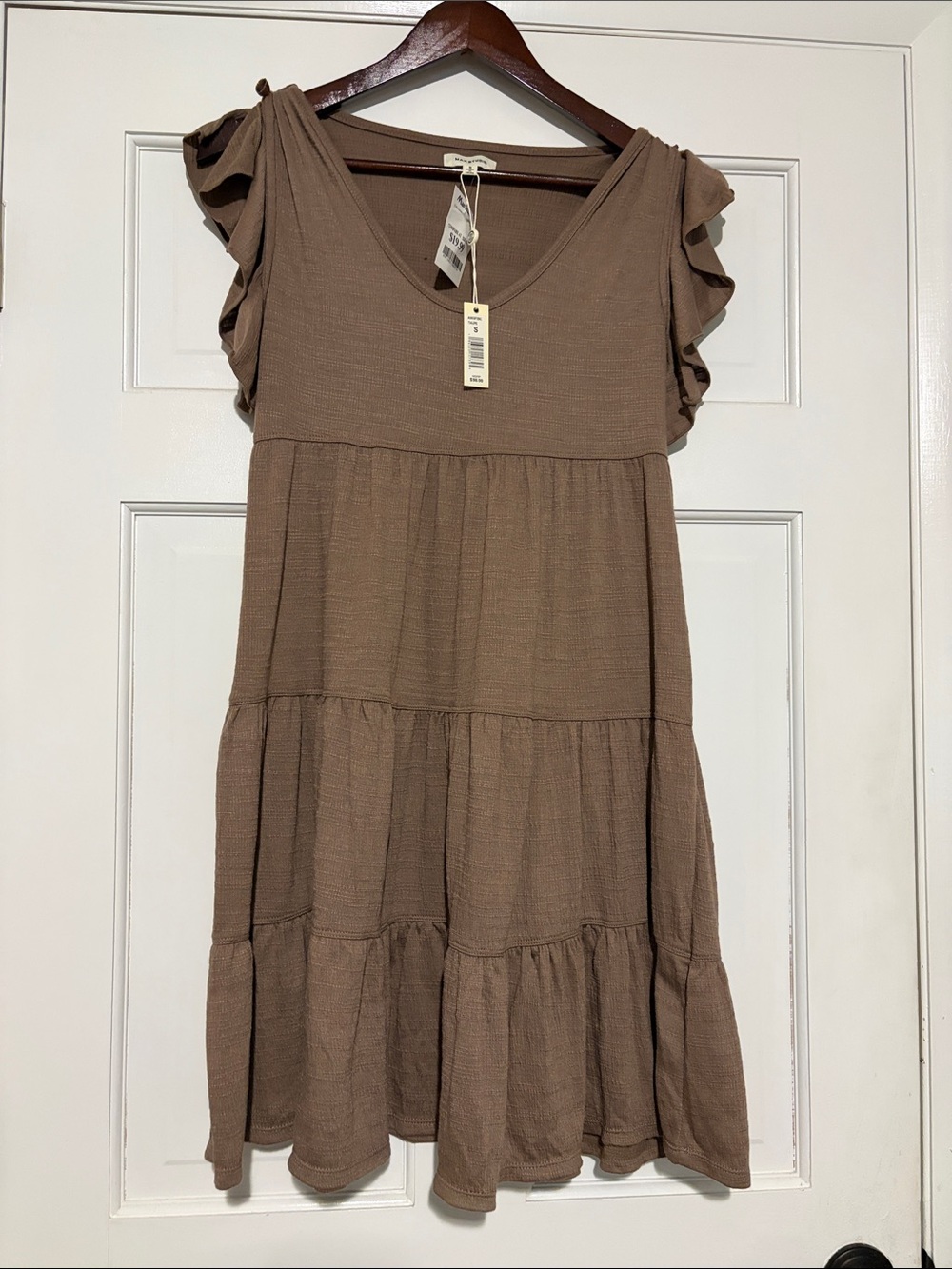 Max Studio Brown Tiered V-Neck Midi Dress with Ruffle Sleeves